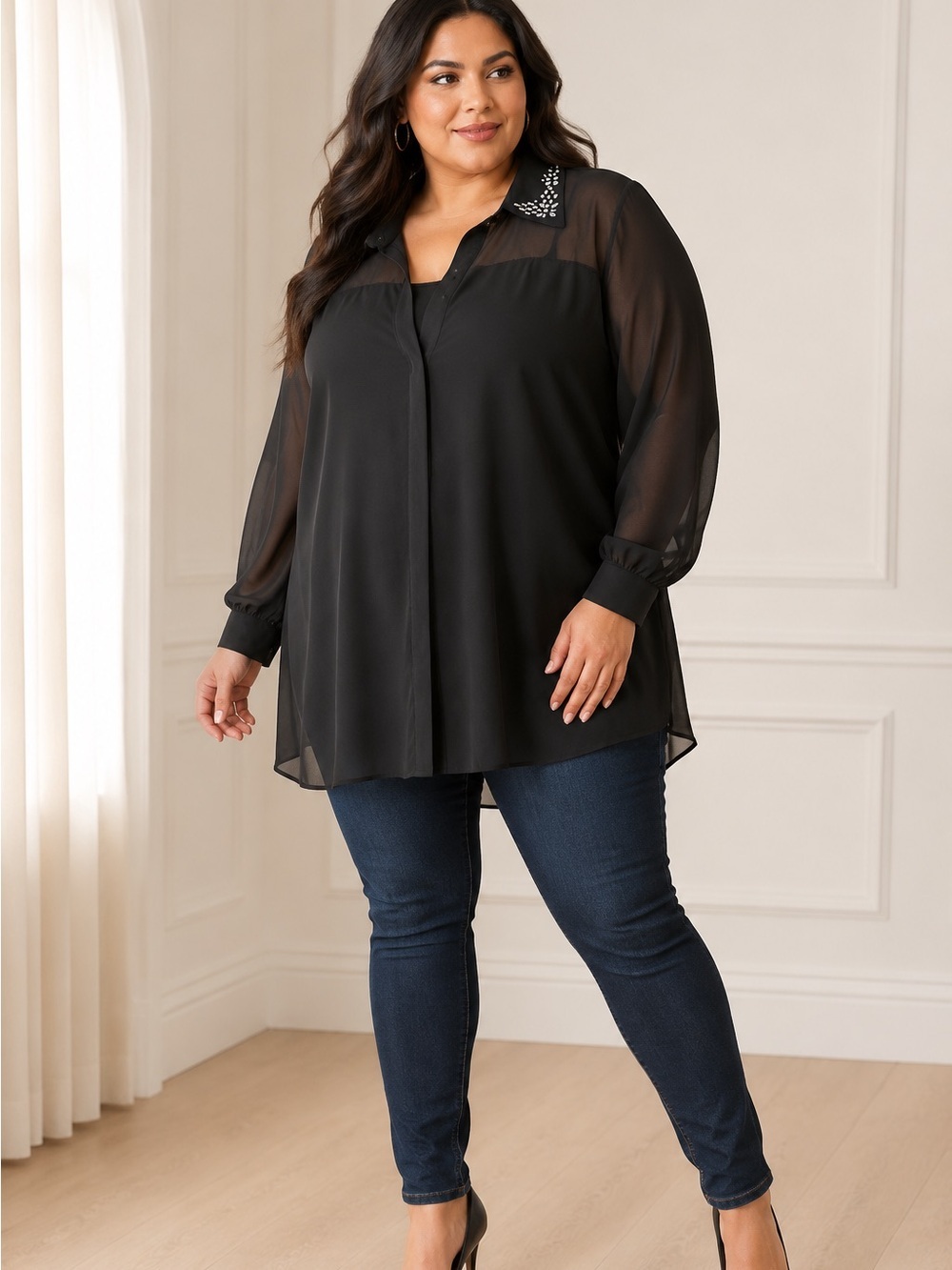 Blouse Modern Embellished Button-Down Works Black Plus Size 2X